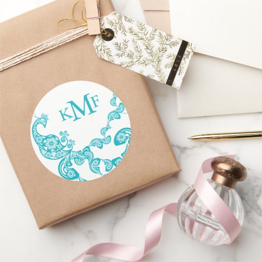Turquoise Bloemen Paisley Peacock bruiloft gunst Ronde Sticker (Geschenken)