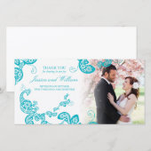 Turquoise Bloemen Pauw Elegante Foto Huwelijk Bedankkaart (Voorkant / Achterkant)