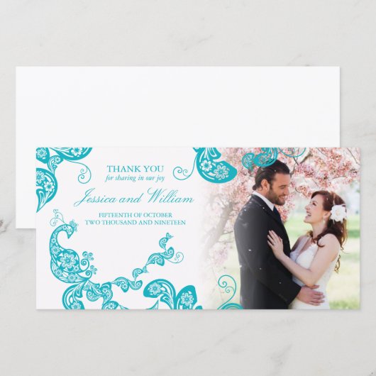 Turquoise Bloemen Pauw Elegante Foto Huwelijk Bedankkaart (Voorkant / Achterkant)