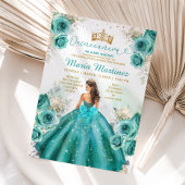 Turquoise Bloemen Prinses Gouden Kroon Quiñceanera Kaart