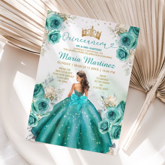 Turquoise Bloemen Prinses Gouden Kroon Quiñceanera Kaart