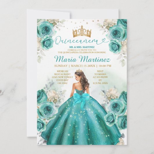 Turquoise Bloemen Prinses Gouden Kroon Quiñceanera Kaart (Voorkant)