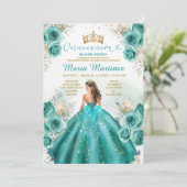 Turquoise Bloemen Prinses Gouden Kroon Quiñceanera Kaart (Staand voorkant)