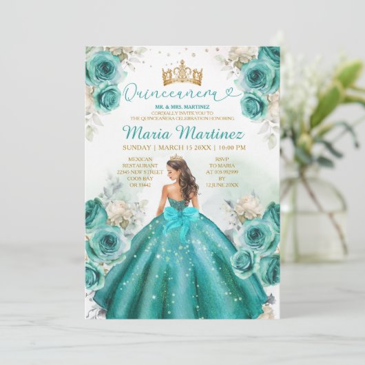 Turquoise Bloemen Prinses Gouden Kroon Quiñceanera Kaart (Staand voorkant)
