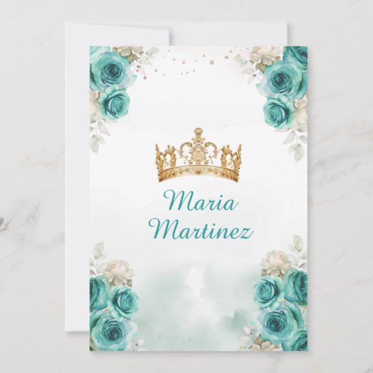 Turquoise Bloemen Prinses Gouden Kroon Quiñceanera Kaart (Achterkant)