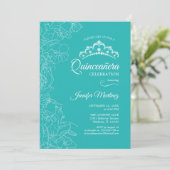 Turquoise Bloemen Quinceanera Party Kaart (Staand voorkant)