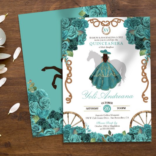 Turquoise Bloemen Roos Rustiek Western Quinceanera Kaart