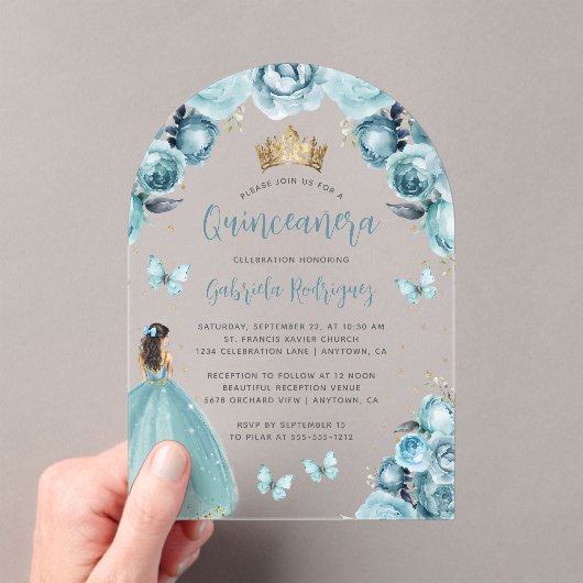 Turquoise Bloemen Rozen Waterverf Quinceañera Acryl Uitnodigingen (Insitu (Draagbaar))