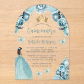 Turquoise Bloemen Rozen Waterverf Quinceañera Acryl Uitnodigingen (Voorkant)