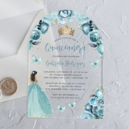Turquoise Bloemen Rozen Waterverf Quinceañera Acryl Uitnodigingen