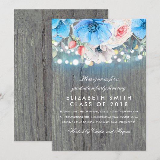 Turquoise Bloemen Rustiek Hout Graduation Party Kaart (Voorkant / Achterkant)