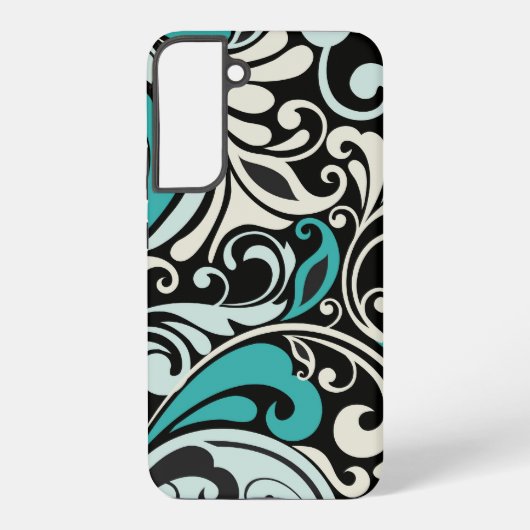 Turquoise Bloemen Swirls Samsung S22 Hoesje Samsung Galaxy Hoesje (Achterkant)