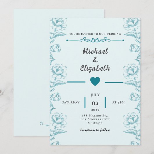 Turquoise Bloemen Uitnodiging bruiloft Kaart ontwe (Voorkant / Achterkant)
