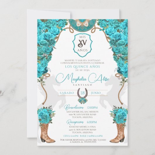 Turquoise Bloemen Western Charro Ranch Quinceañera Kaart (Voorkant)