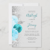 Turquoise Bloemen Zilver Grijs QR Code Huwelijk Kaart (Voorkant)