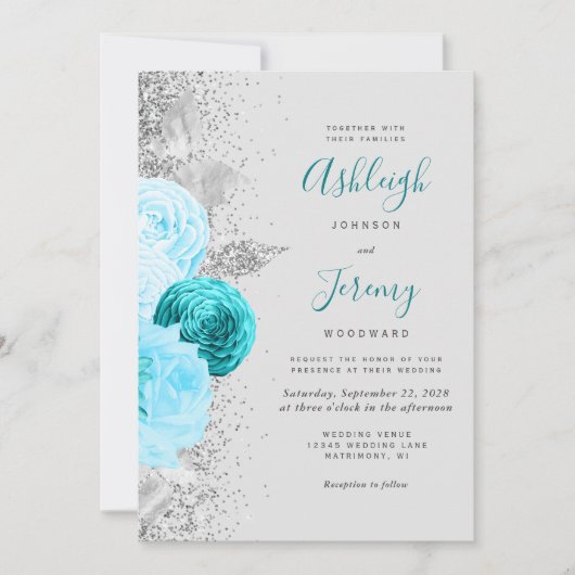 Turquoise Bloemen Zilver Grijs QR Code Huwelijk Kaart (Voorkant)