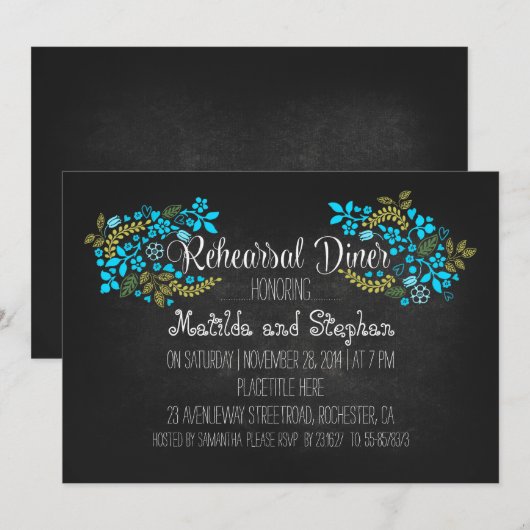 Turquoise bloemenbord repetitiediner kaart (Voorkant / Achterkant)