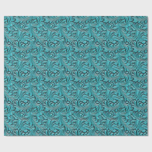 Turquoise bloemengereedschap reliëfleder western cadeaupapier (Vlak)