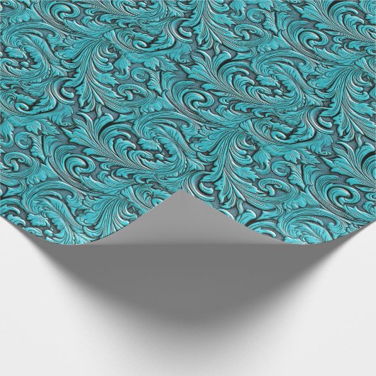 Turquoise bloemengereedschap reliëfleder western cadeaupapier (Hoek)