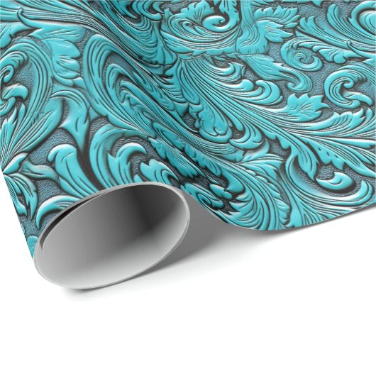 Turquoise bloemengereedschap reliëfleder western cadeaupapier (Rol Hoek)