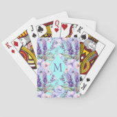 Turquoise bloemenveerpatroon monogram pokerkaarten (Achterkant)