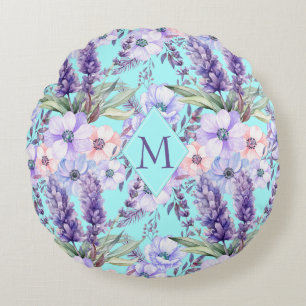 Turquoise bloemenveerpatroon monogram rond kussen