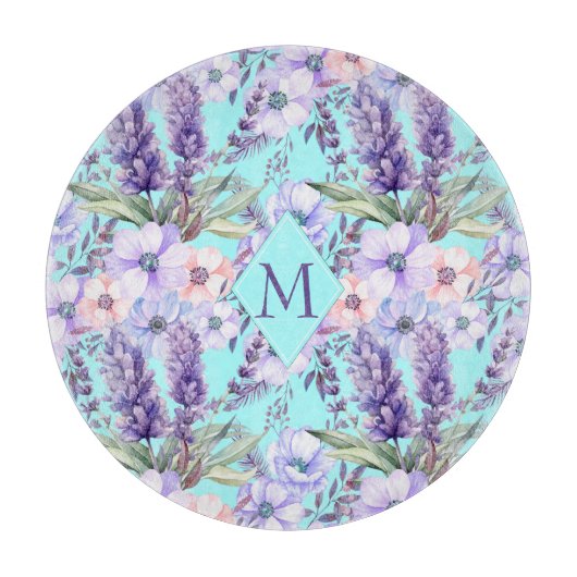 Turquoise bloemenveerpatroon monogram snijplank (Voorkant)