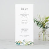 Turquoise Bloemenweelde Moderne Elegante Bruiloft Menu (Staand voorkant)