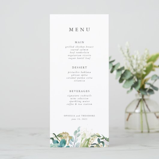 Turquoise Bloemenweelde Moderne Elegante Bruiloft Menu (Staand voorkant)