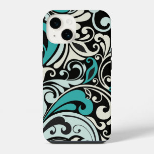 Turquoise Bloemenwervelingen iPhone 14 Hoesje