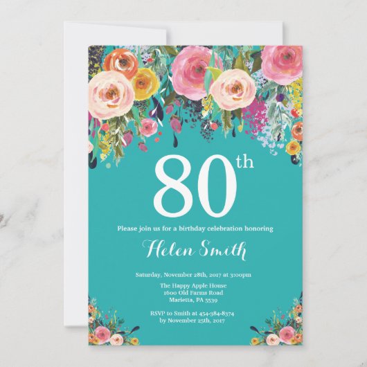 Turquoise bloemige 80ste verjaardagsuitnodiging kaart (Voorkant)