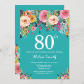 Turquoise bloemige 80ste verjaardagsuitnodiging kaart (Voorkant / Achterkant)