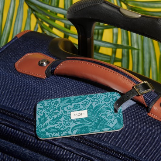 Turquoise Bloemige Botanische Monogram Bagagelabel (Voorkant Insitu 3)