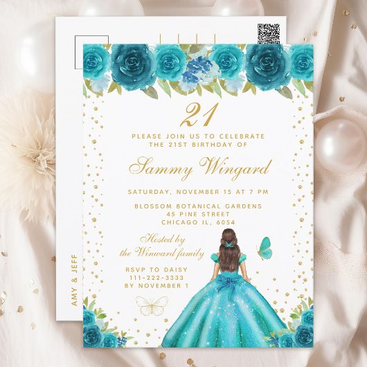 Turquoise Bloemige Bruine Prinses Verjaardagsfeest Briefkaart
