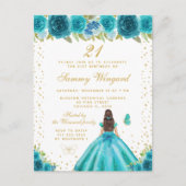 Turquoise Bloemige Bruine Prinses Verjaardagsfeest Briefkaart (Voorkant)