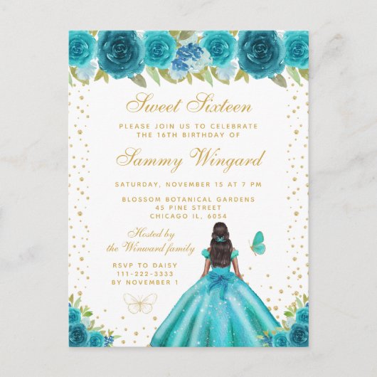 Turquoise Bloemige Donkere Huid Prinses Sweet Sixt Briefkaart (Voorkant)