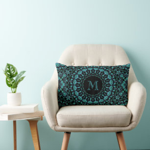 Turquoise Bloemige Mandala Monogram Kussen