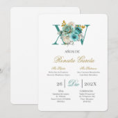 Turquoise bloemige quinceañera uitnodiging (Voorkant / Achterkant)