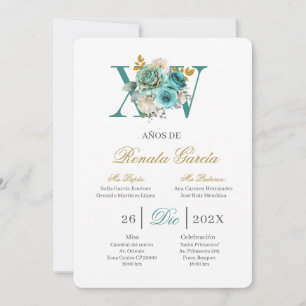 Turquoise bloemige quinceañera uitnodiging