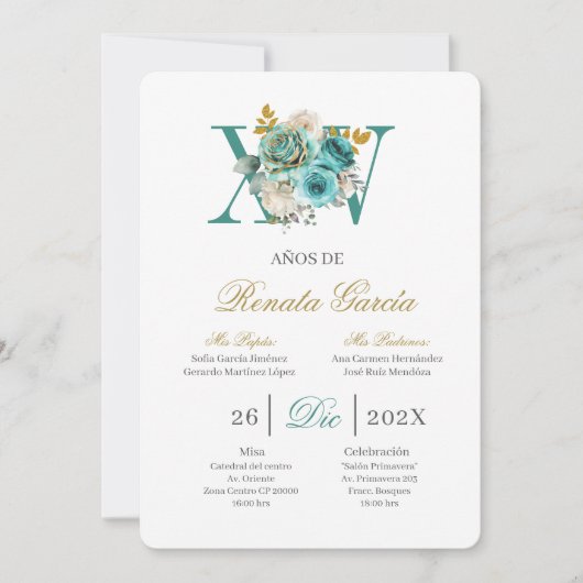 Turquoise bloemige quinceañera uitnodiging (Voorkant)