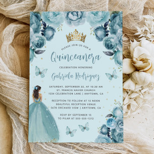Turquoise Bloemige Waterverf Prinses Quinceañera Kaart