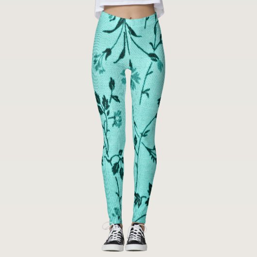 Turquoise bloemmotief leggings (Voorkant)