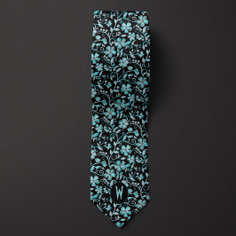 Turquoise Bloemmotief op Zwarte Stropdas