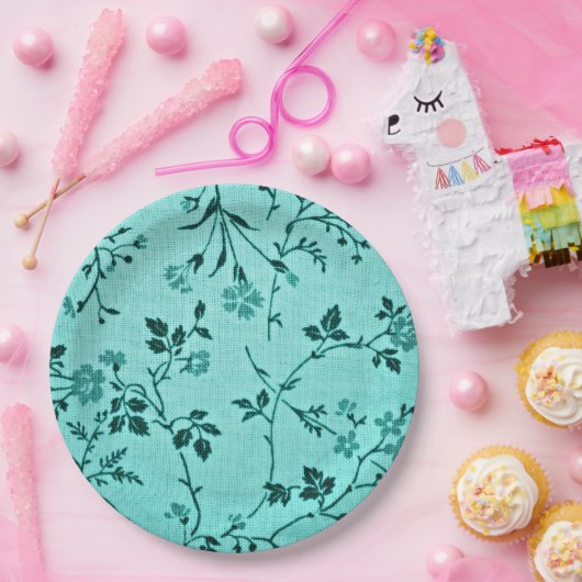 Turquoise bloemmotief papieren bordje (Feest)