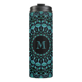 Turquoise Bloemrijke Mandala Monogram Thermosbeker