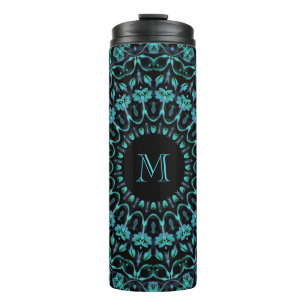 Turquoise Bloemrijke Mandala Monogram Thermosbeker