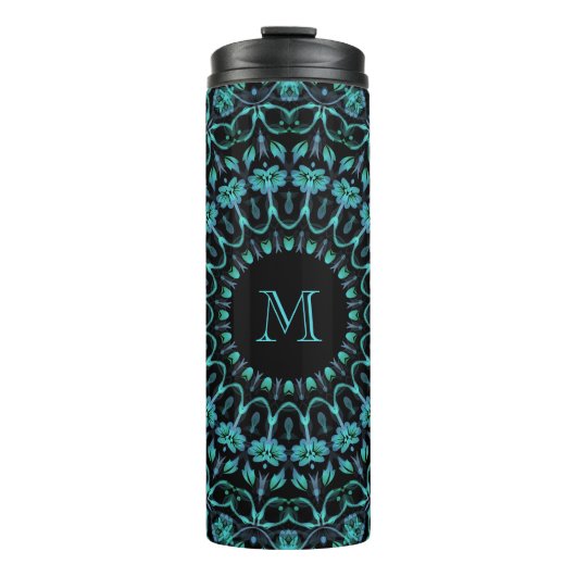 Turquoise Bloemrijke Mandala Monogram Thermosbeker (Voorkant)