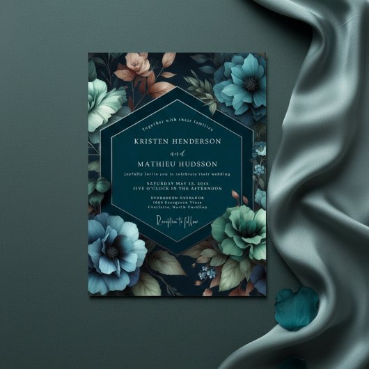 Turquoise Bloemrijke Romantische Bruiloft Kaart