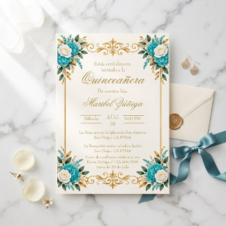 Turquoise Bloemstuk Quinceañera Goudgroen Kaart