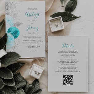 Turquoise Bloemstuk Zilveren Grijs QR Code Trouwen Kaart